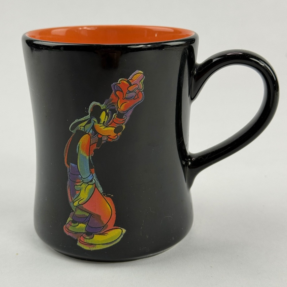 Disney Store‎ Goofy Rainbow Psychedelic Black Ceramic Mug Orange Interior 4.5in